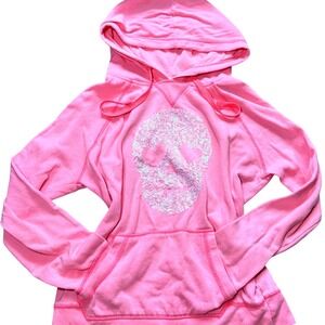 Scene Y2K Pink Sequin Skull Hoodie Sweatshirt Womens Large L Long Sleeve